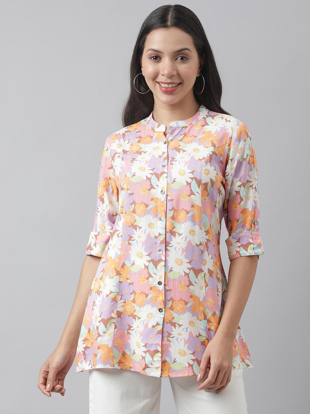 Divena Lavender Floral Printed Rayon A-line Shirt Style Top - divena world