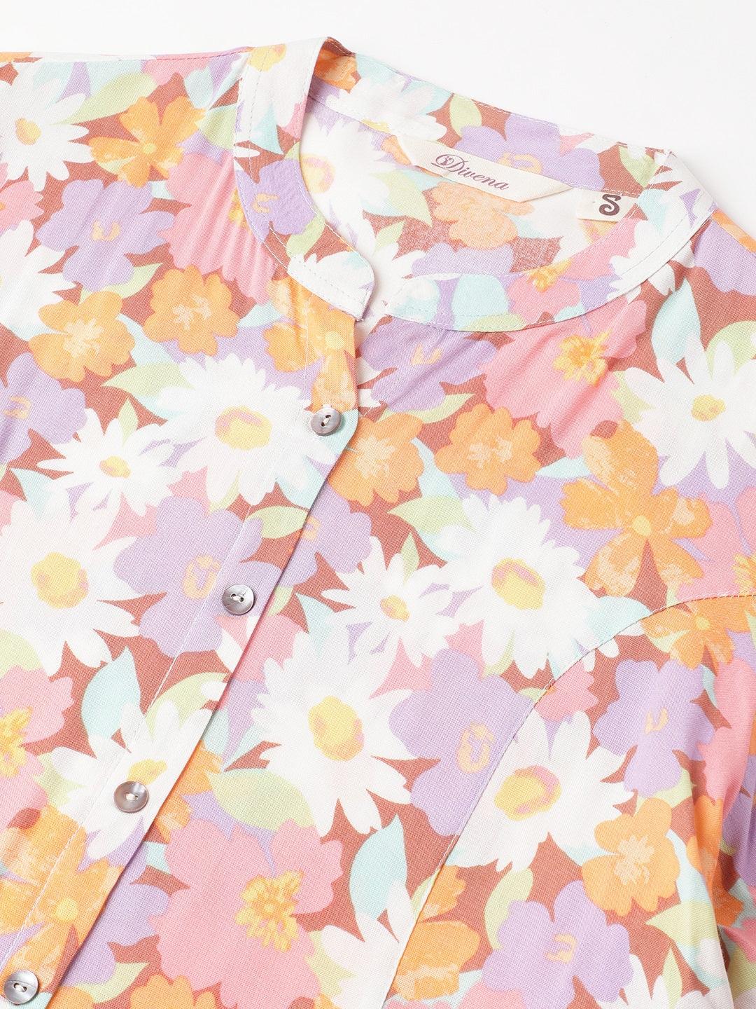 Divena Lavender Floral Printed Rayon A-line Shirt Style Top - divena world