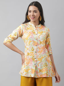 Divena Pista Green Floral Printed Rayon A-line Shirt Style Top - divena world