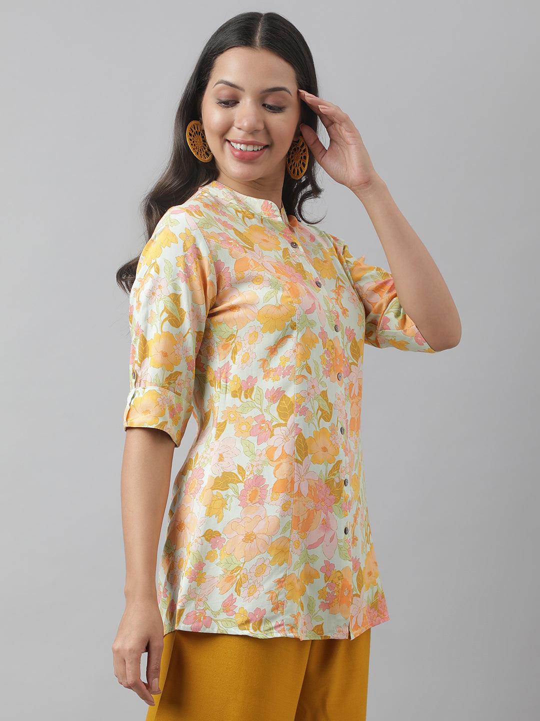 Divena Pista Green Floral Printed Rayon A-line Shirt Style Top - divena world