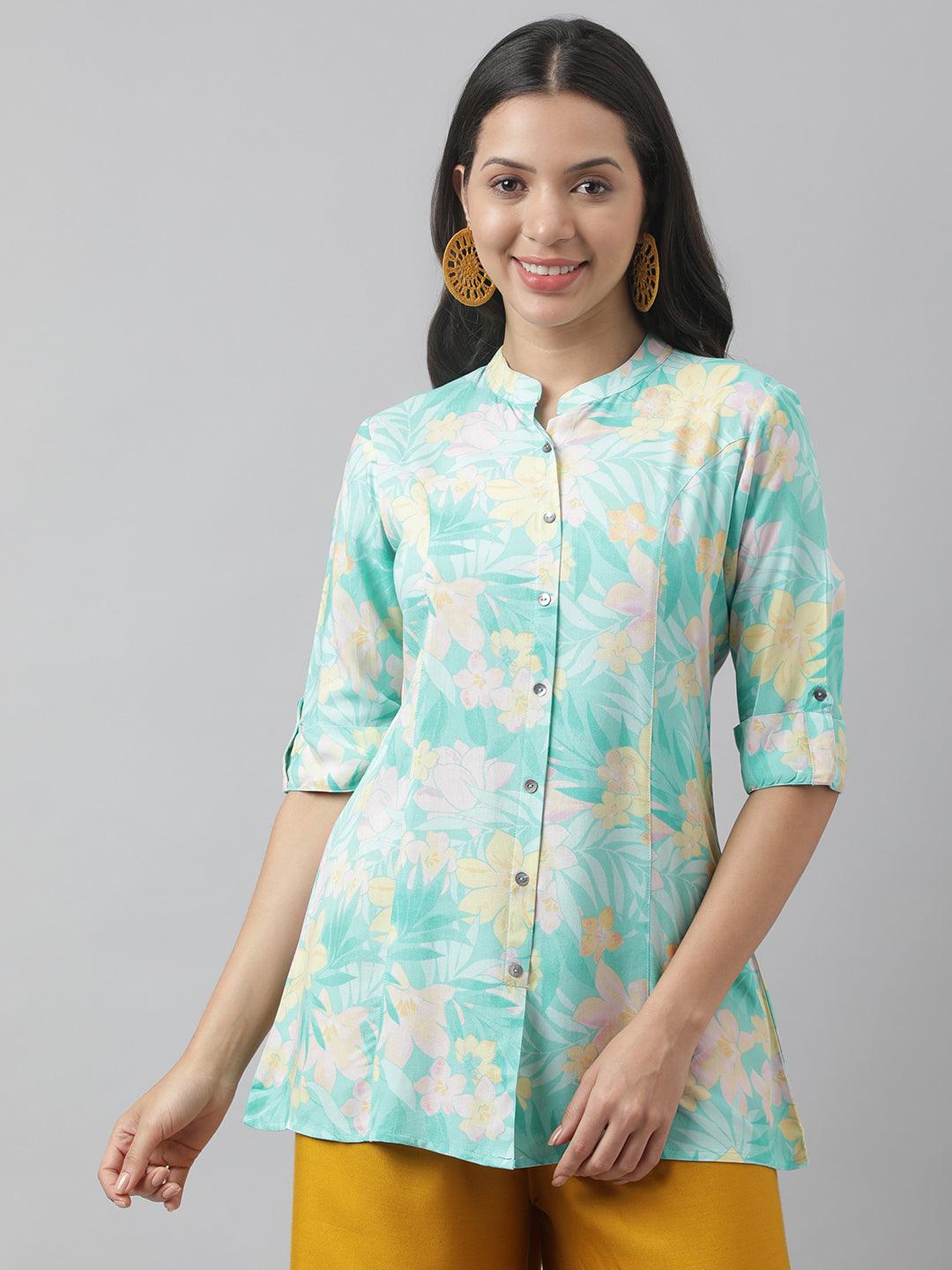 Divena Sea Green Floral Printed Rayon A-line Shirt Style Top - divena world