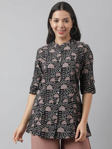 Divena Black Floral Printed Rayon A-line Shirt Style Top - divena world