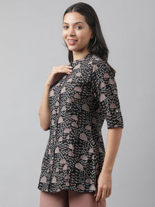 Divena Black Floral Printed Rayon A-line Shirt Style Top - divena world
