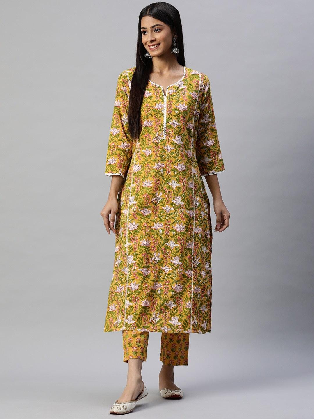 Peach block printed kurta with straight pants and kota dupatta  Set of  Three by The Weave Story  The Secret Label