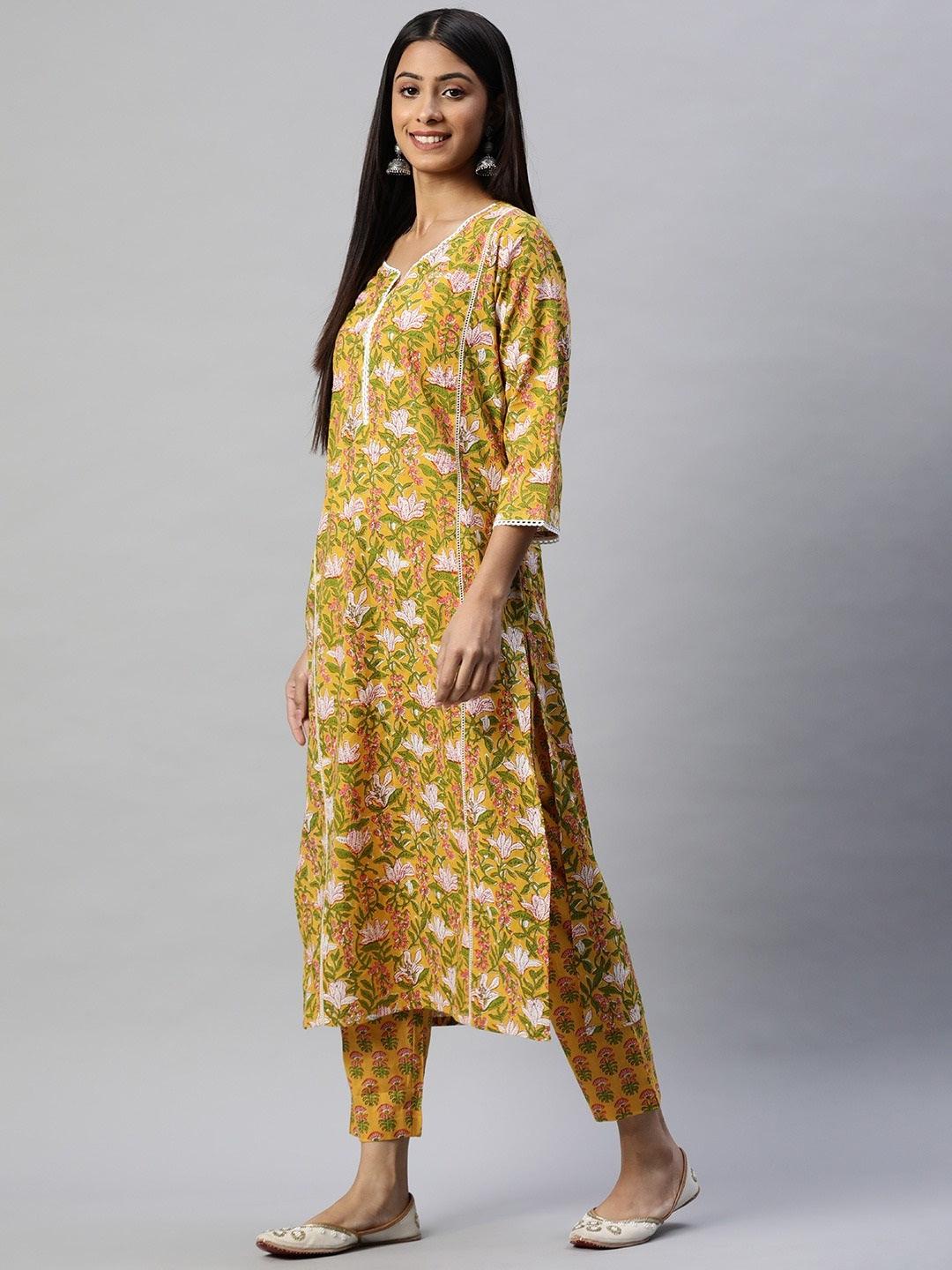 Divena Yellow Floral Printed Straight Kurta Pant Sets - divena world
