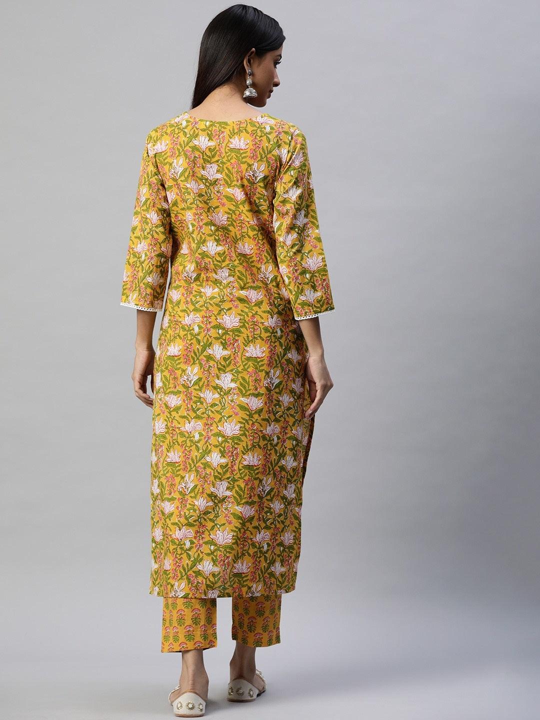 Divena Yellow Floral Printed Straight Kurta Pant Sets - divena world