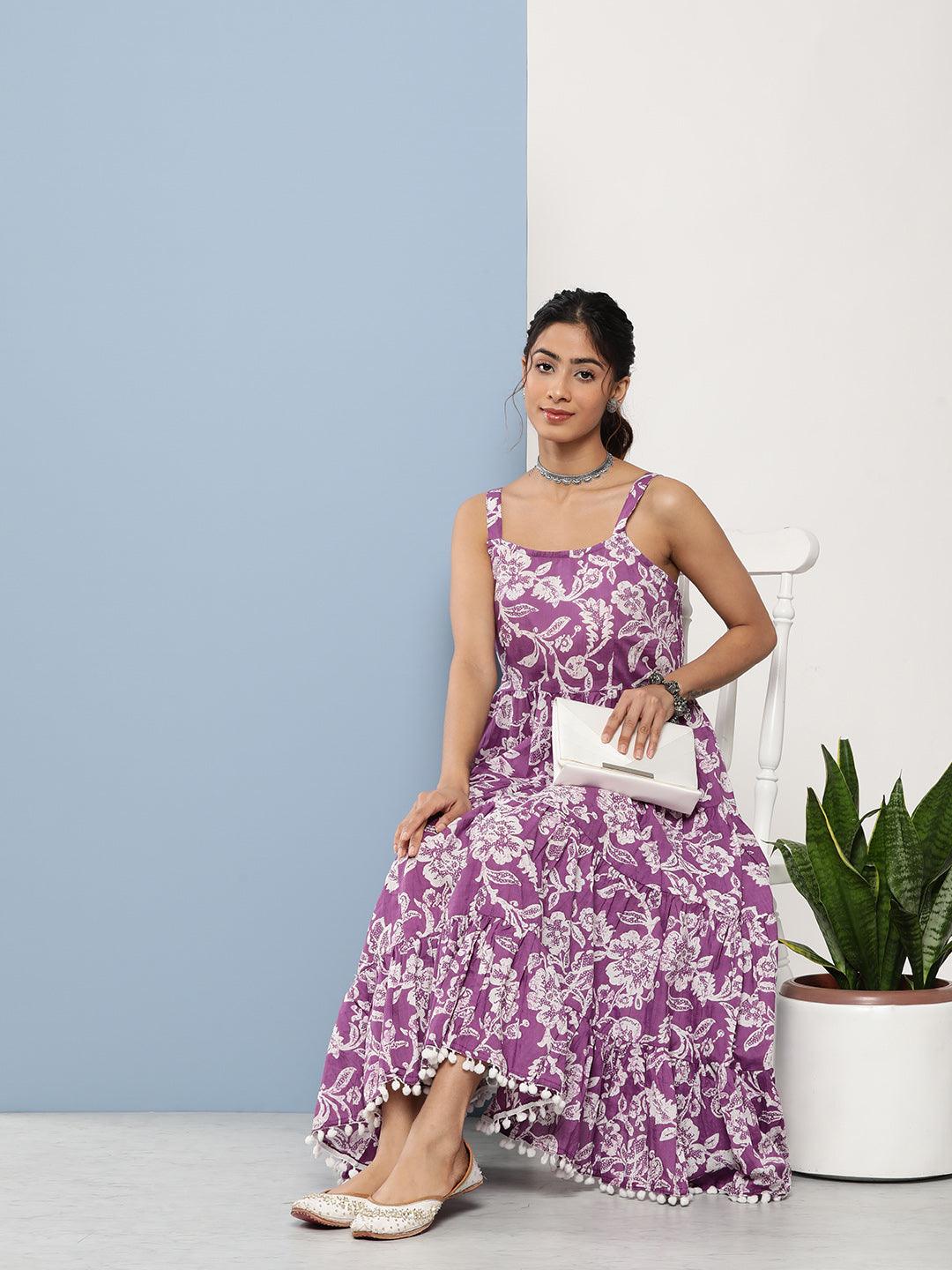 Divena Purple Floral Shoulder Strip Long Dress - divena world