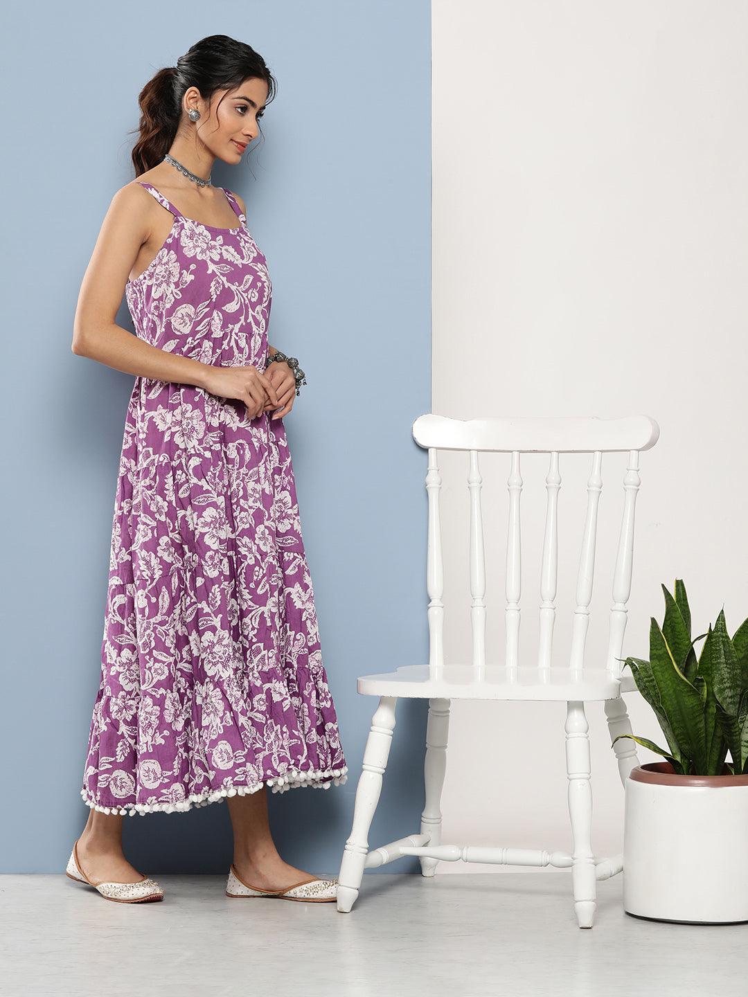 Divena Purple Floral Shoulder Strip Long Dress - divena world