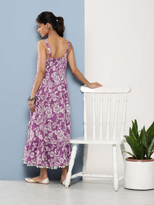 Divena Purple Floral Shoulder Strip Long Dress - divena world