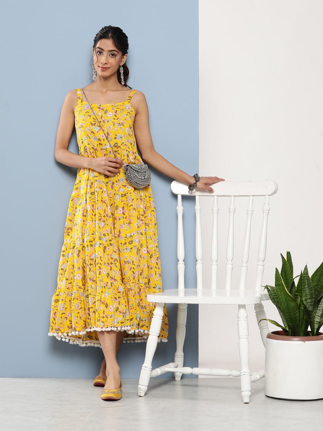 Divena Yellow Floral Shoulder Strip Long Dress - divena world