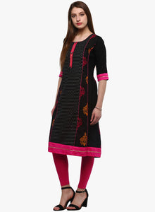 Divena Black Printed A-Line Rayon And Cotton Kurta - divena world