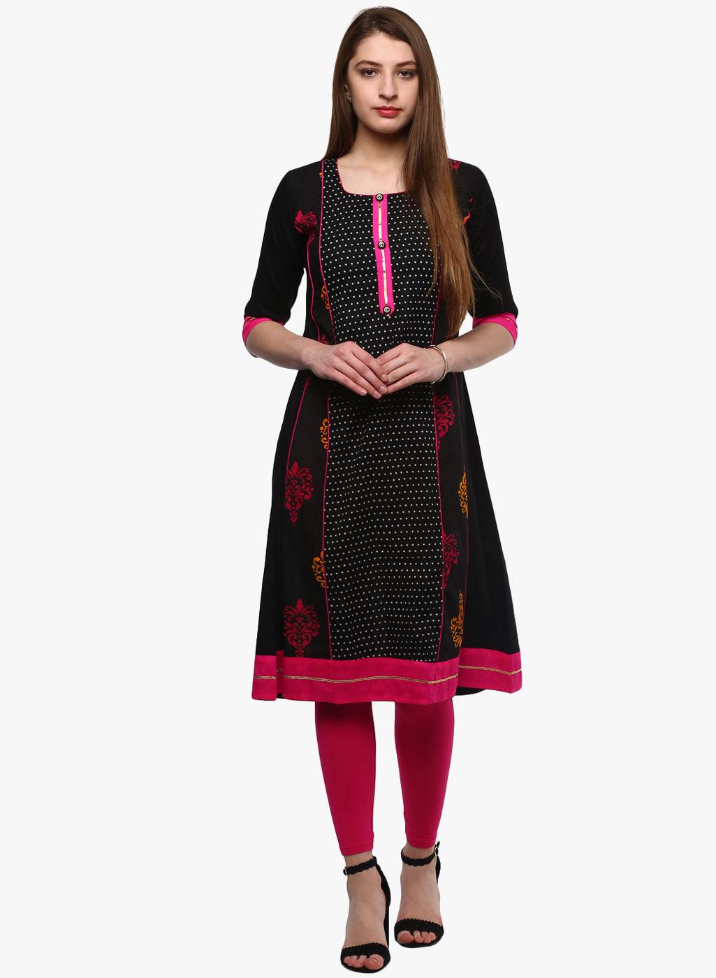 Black Printed A-Line Rayon And Cotton Kurta — view 1