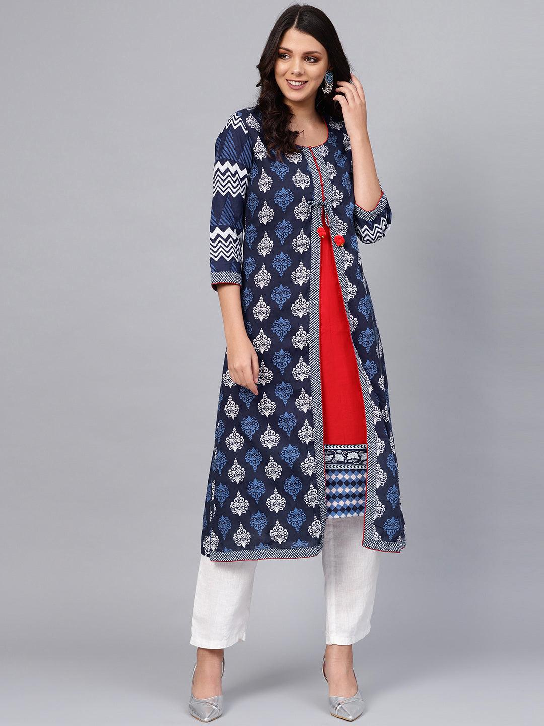 Blue Cotton & Rayon A-line Kurti — view 1