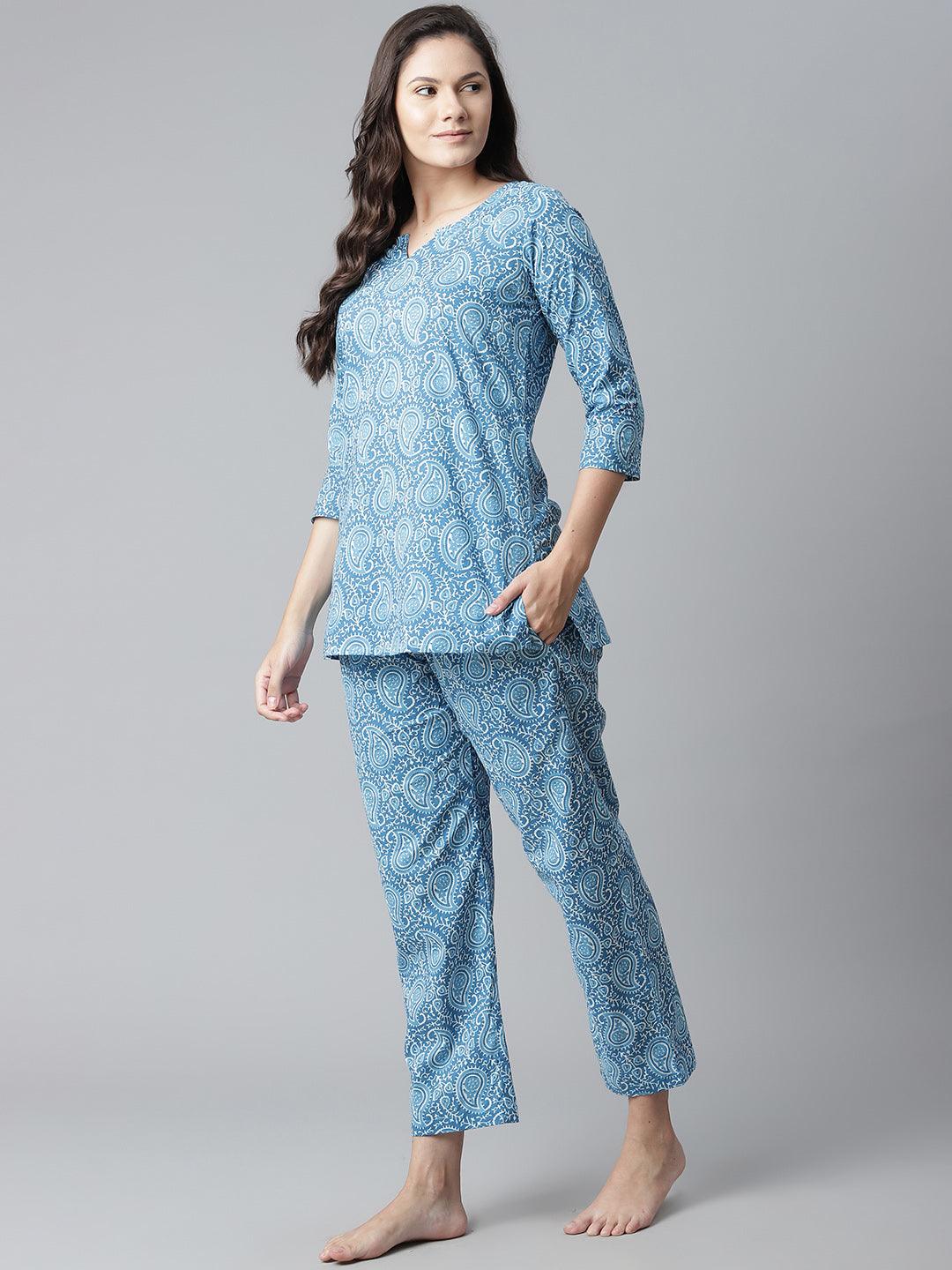 Divena Blue Printed Cotton Nightwear - divena world