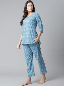 Divena Blue Printed Cotton Nightwear - divena world