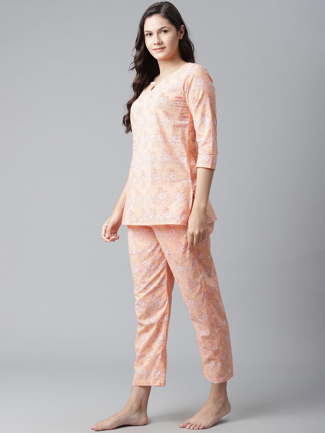 Divena Peach Printed Cotton Nightwear - divena world