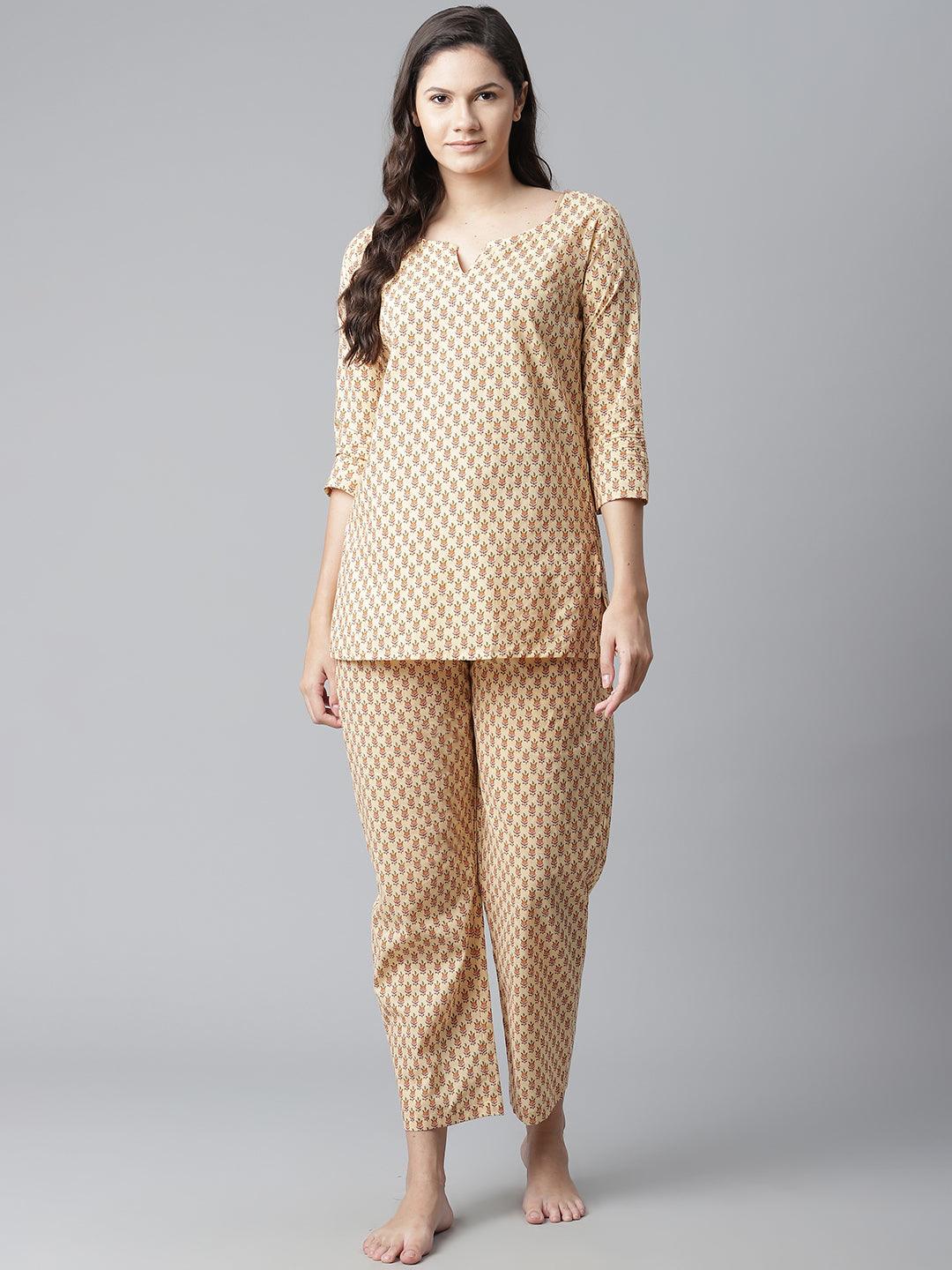 Divena Yellow Buti Print Cotton Nightwear - divena world