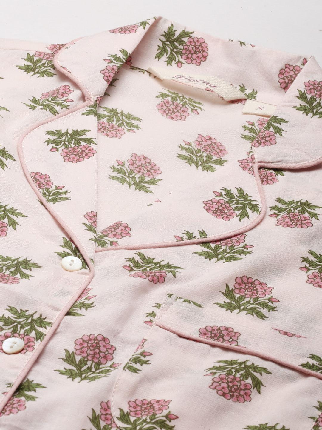 Divena Baby pink Cotton Floral Print Night Suit - divena world