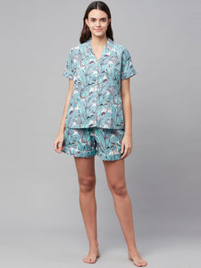 Divena Seagreen Cotton Floral Print Night Suit - divena world