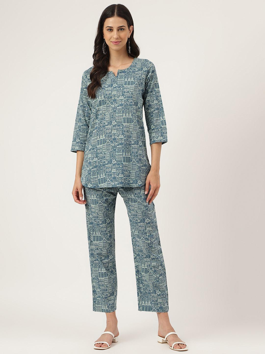Teal Blue Printed Loungewear/Nightwear — view 1