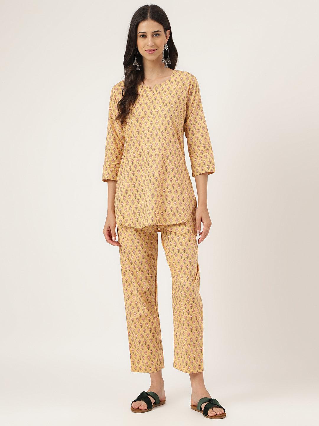 Fancy Cotton Yellow Women Night Suit Set with Pockets – Stilento