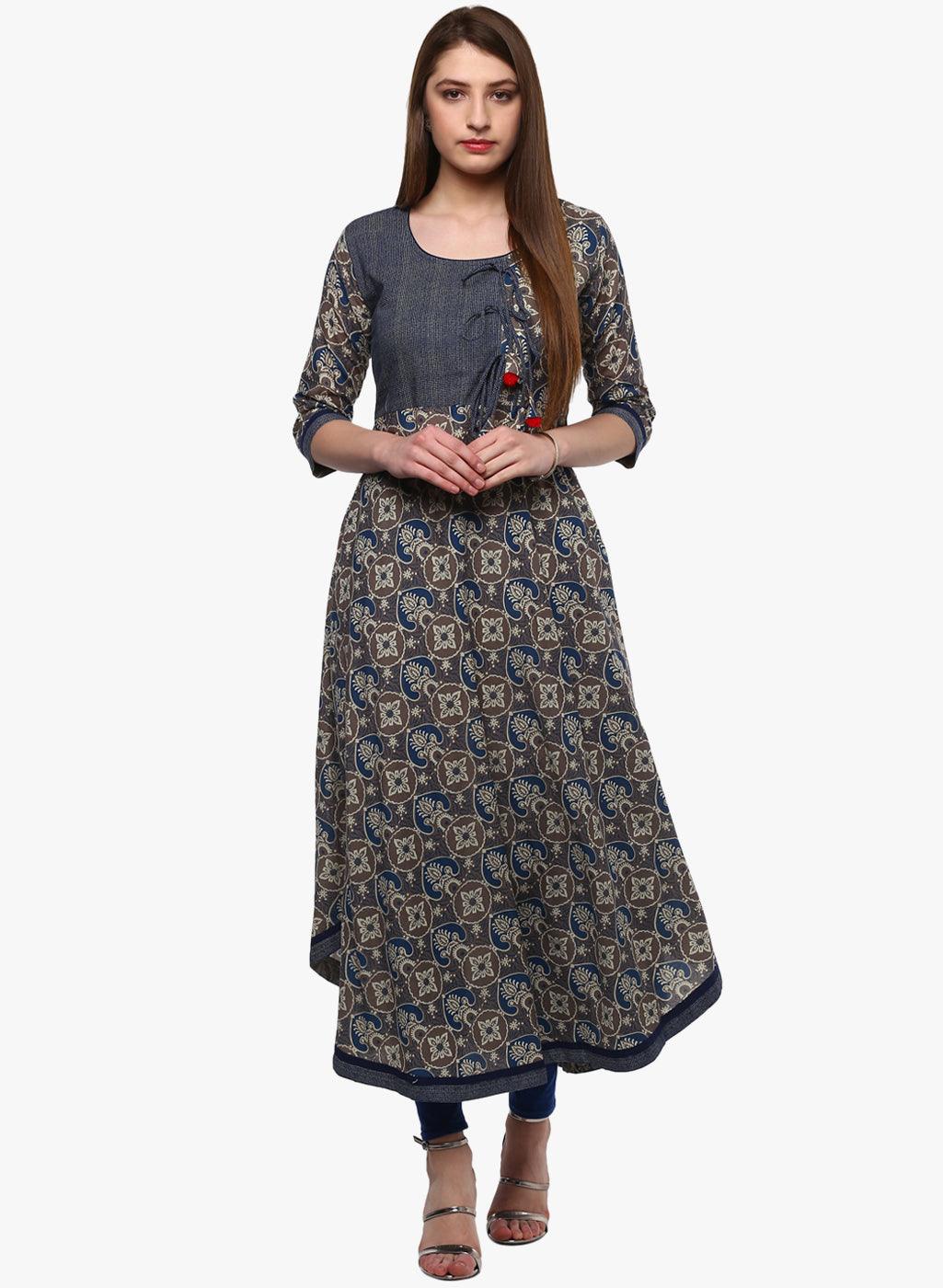 Divena Blue And Grey Cotton Anarkali - divena world