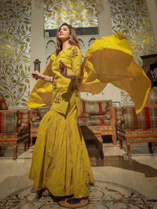 Divena lemon yellow cotton sharara kurta set with dupatta - divenaworld.com