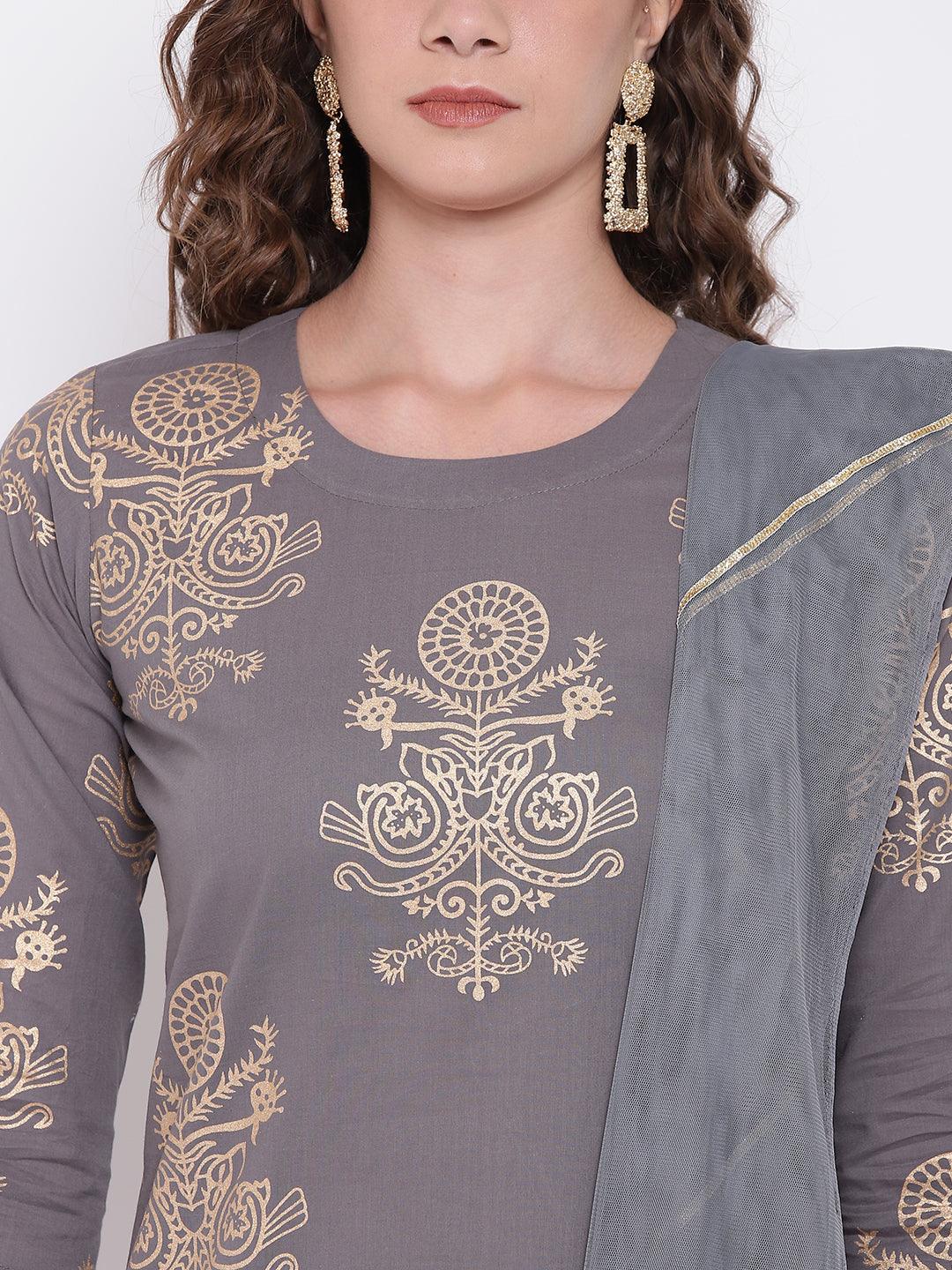 Divena Grey Foil Print Cotton Sharara Set with Net Dupatta - divena world