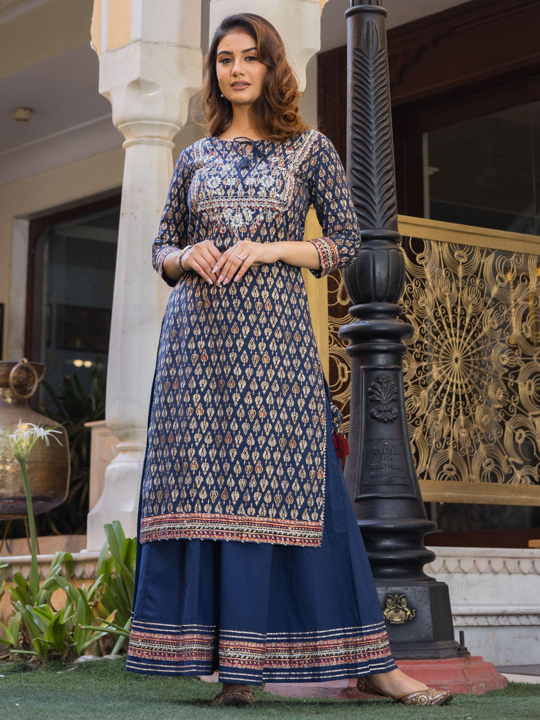 Navy Blue Cotton Gota Patti Palazzo Set — view 1