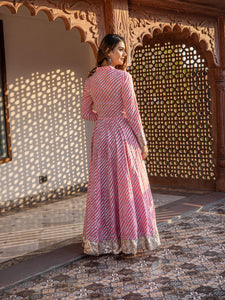 Divena Pink Leheriya Cotton Anarkali With Copper Lace - divenaworld.com