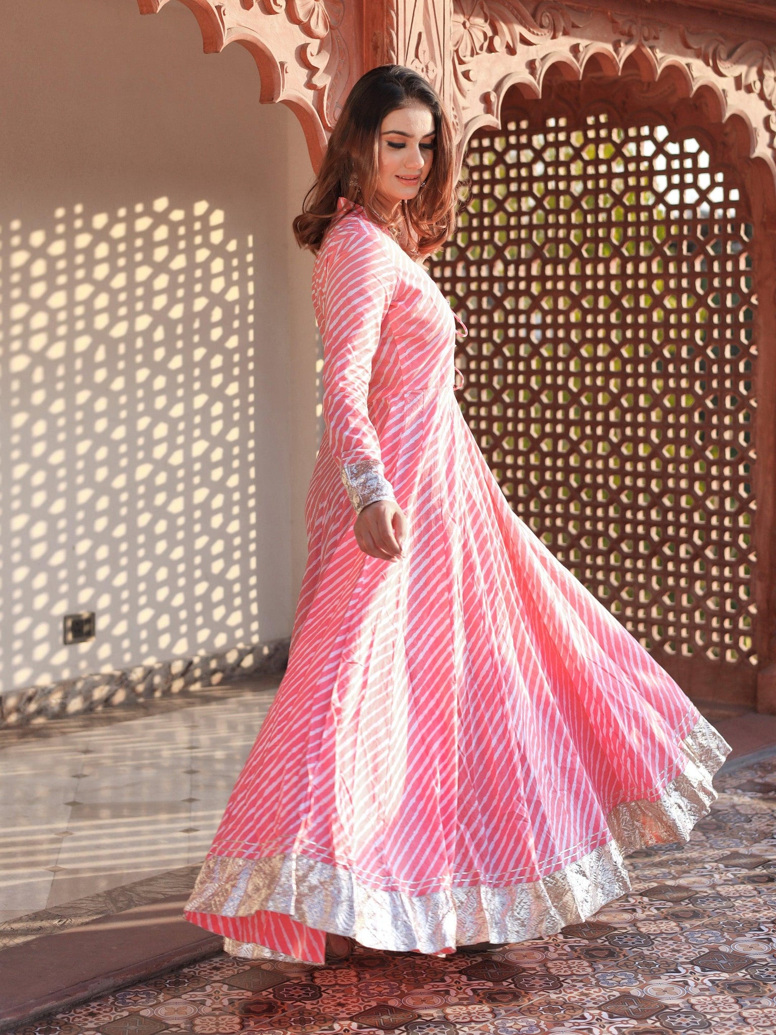 Divena Pink Leheriya Cotton Anarkali With Copper Lace - divenaworld.com