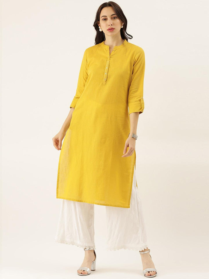 Divena Yellow Solid Straight Roll up Sleeve Kurti - divena world