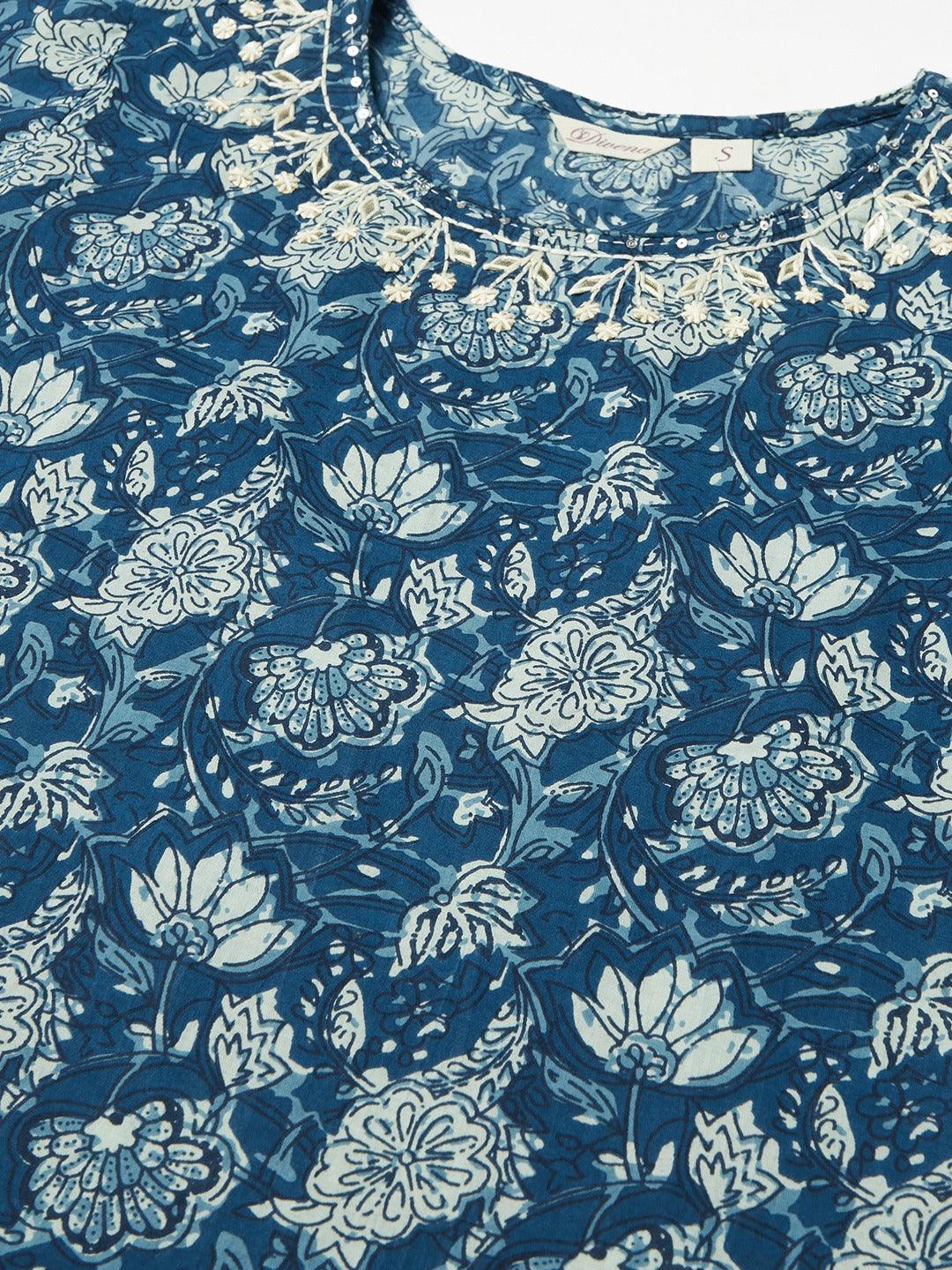 Divena Blue Floral Straight kurta - divena world
