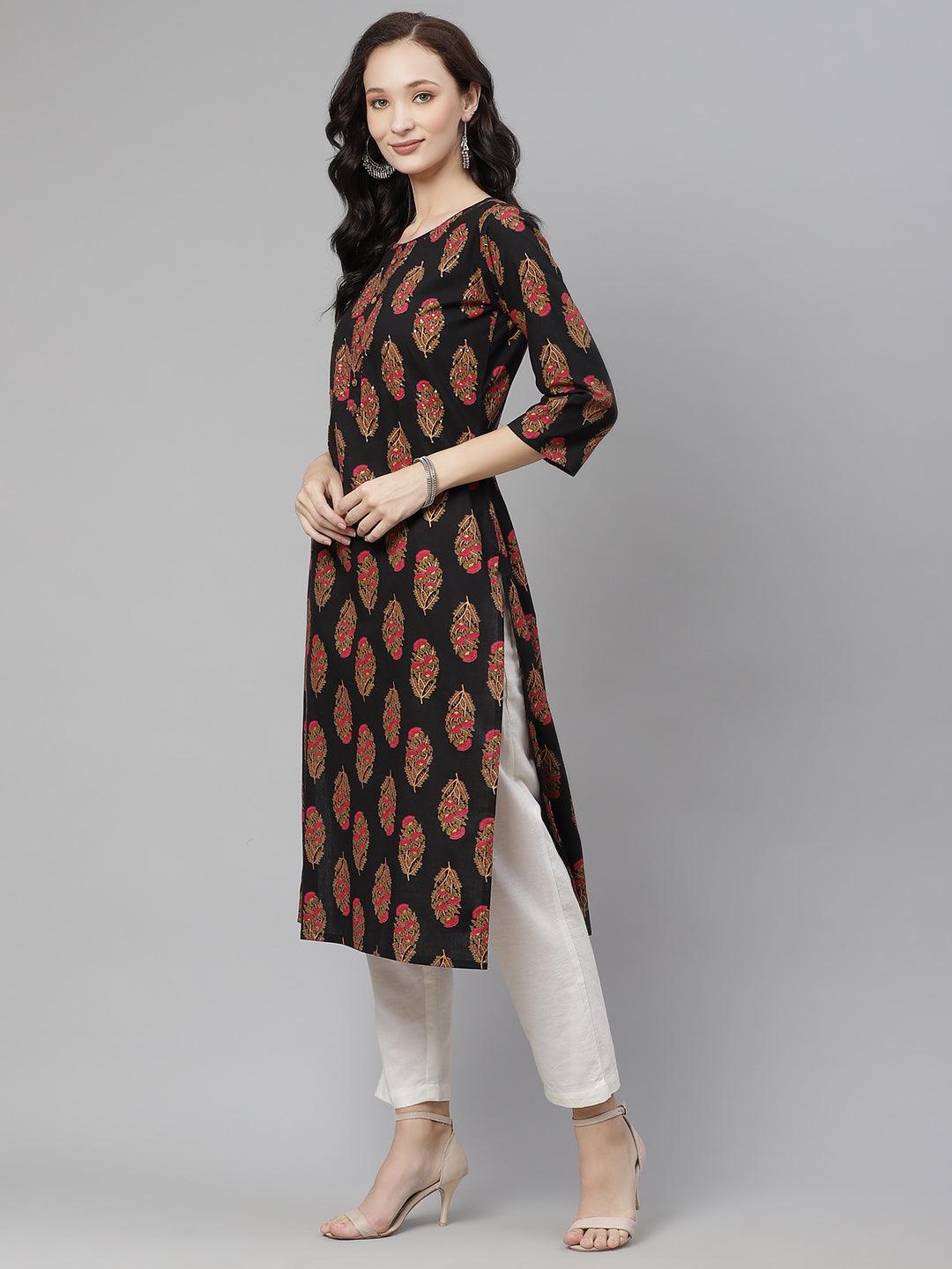 Divena Black Floral Print Cotton Straight Kurta - divena world