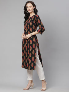 Divena Black Floral Print Cotton Straight Kurta - divena world