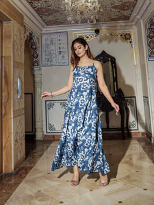 Divena Indigo Print Cotton Long Dress - divenaworld.com