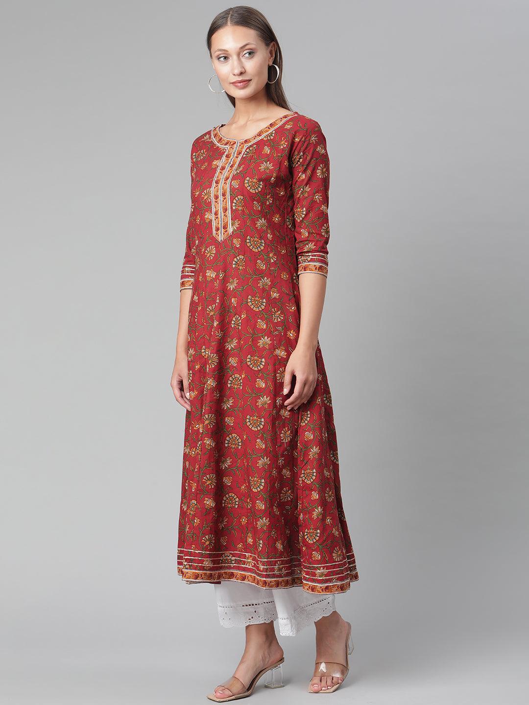 Divena Red Flaired Cotton Anarkali Kurta - divena world