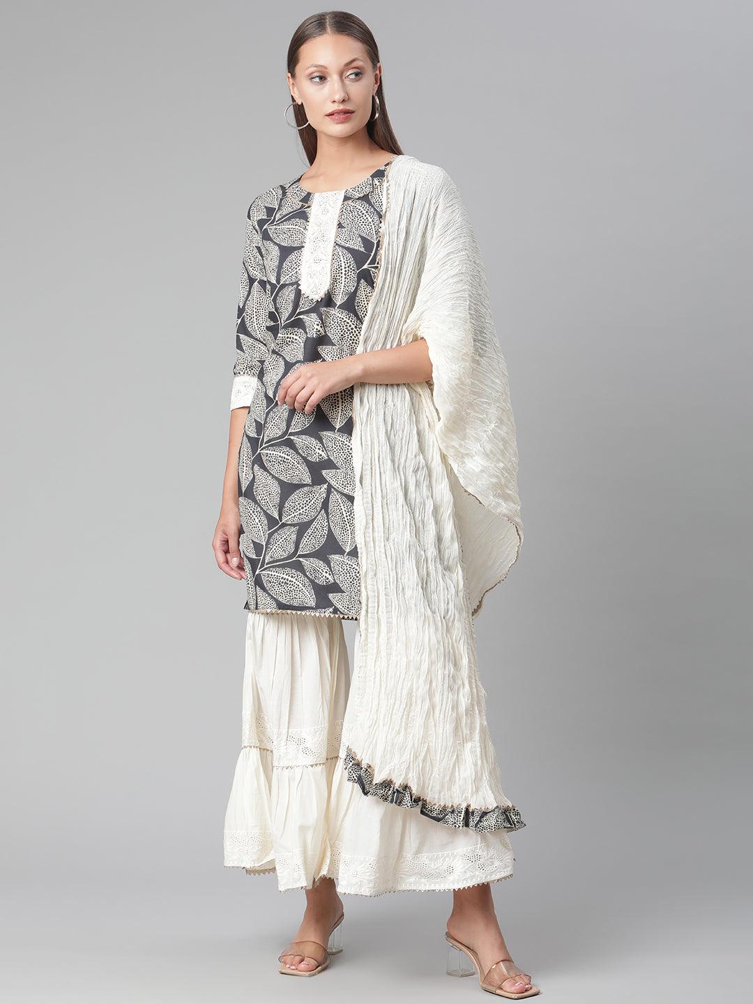 Divena Printred Cotton Kurta Set With Sharara And Dupatta - divena world