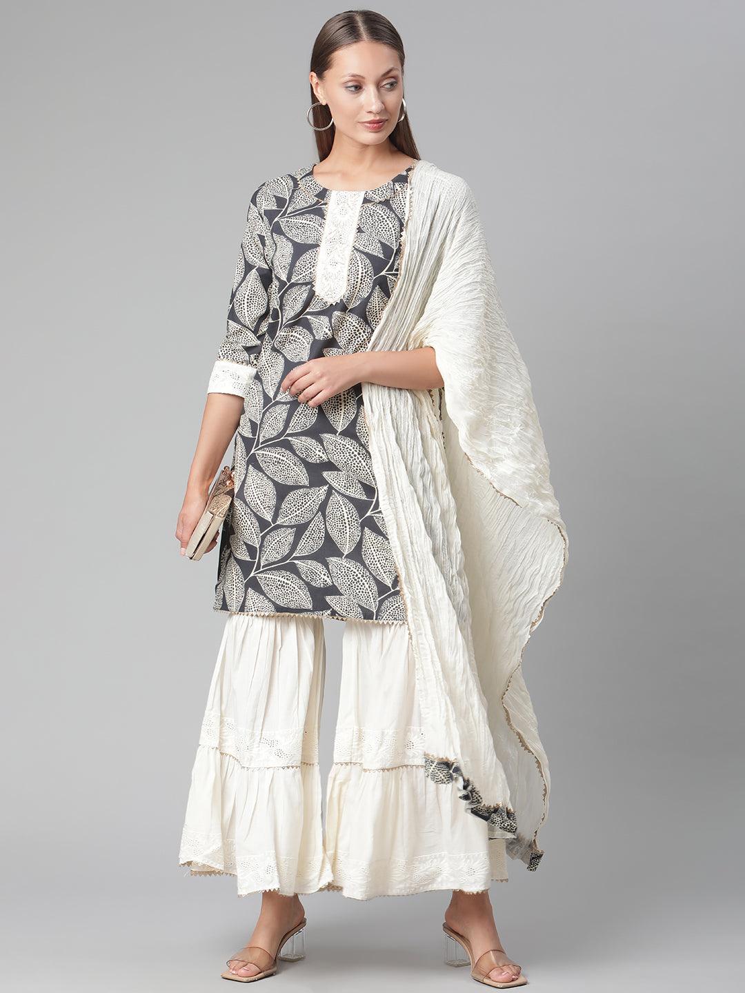 Divena Printred Cotton Kurta Set With Sharara And Dupatta - divena world