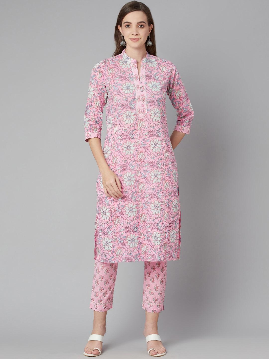 Divena Pink floral printed Cotton Kurta Pant set - divena world