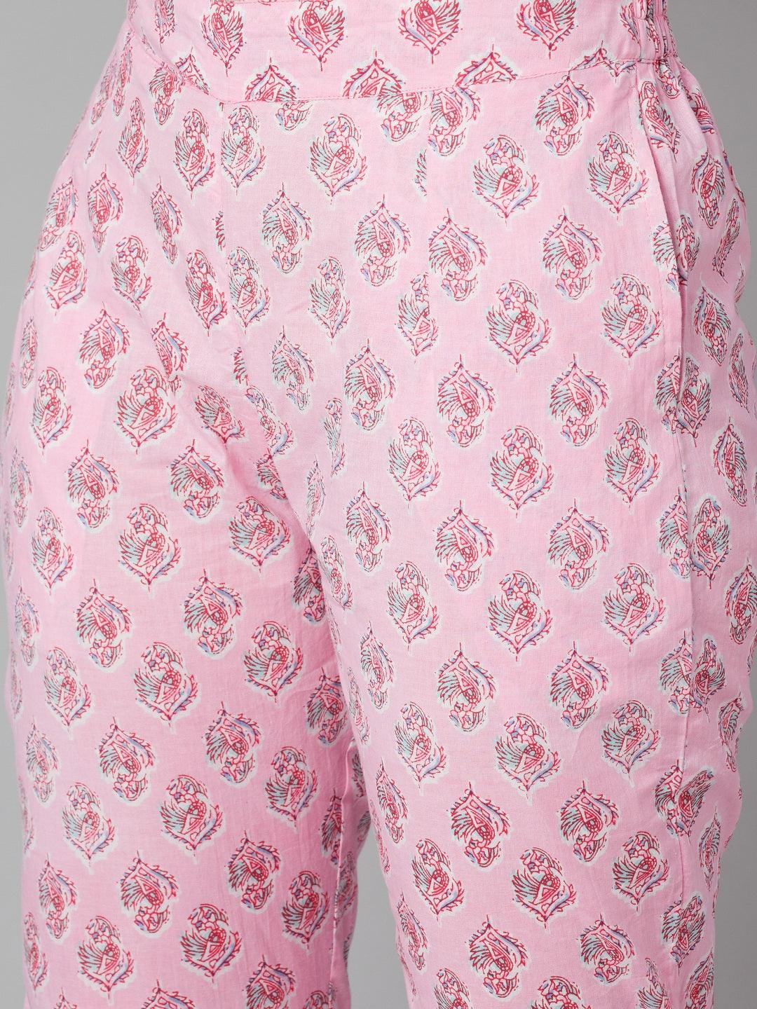 Divena Pink floral printed Cotton Kurta Pant set - divena world