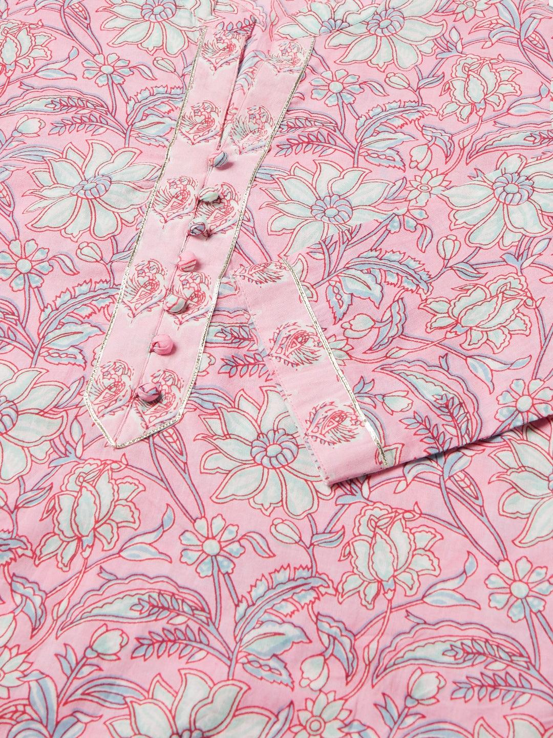 Divena Pink floral printed Cotton Kurta Pant set - divena world