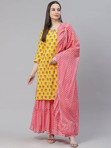 Divena Yellow Printed Kurta with Lahariya Sharara and Ruffled Dupatta Set - divena world