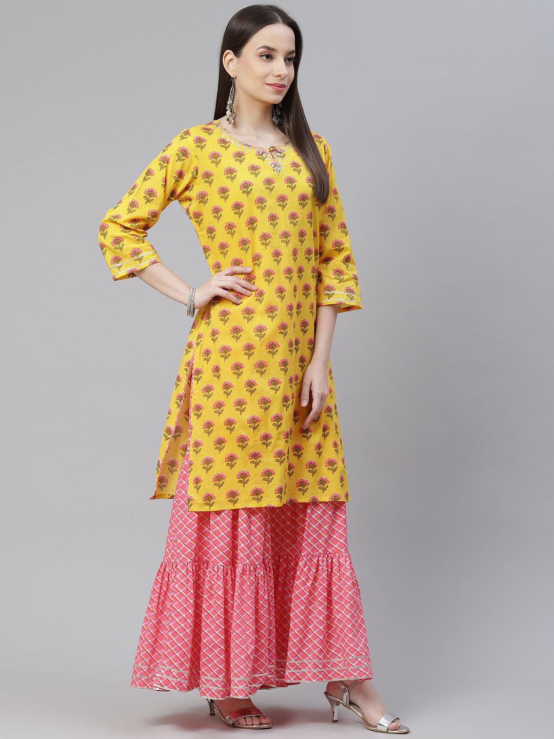 Divena Yellow Printed Kurta with Lahariya Sharara and Ruffled Dupatta Set - divena world