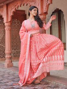 Divena Pink Printed Crop Top, lehenga with Dupatta set - divenaworld.com