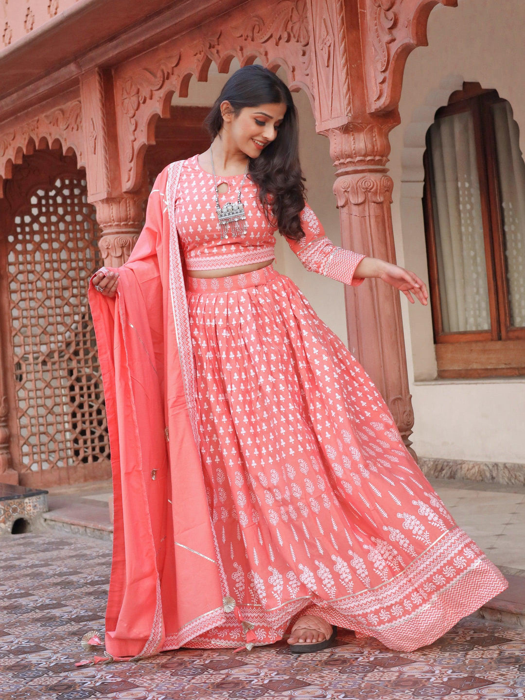 Pink Printed Crop Top, lehenga with Dupatta set — view 1