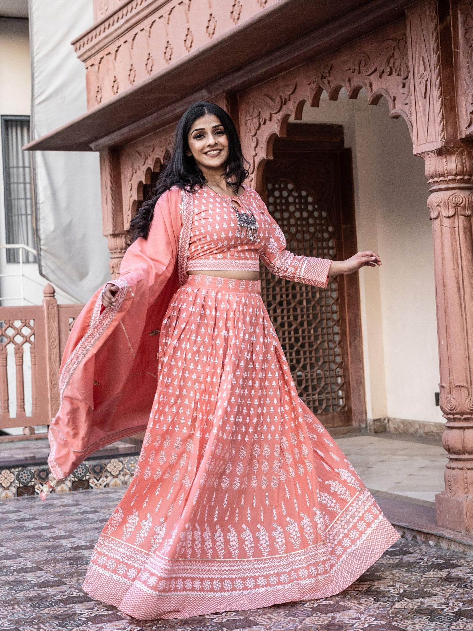 Shop Peach Printed Designer Lehenga Online in USA with Sequin Blouse – Pure  Elegance