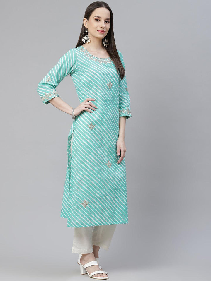 Divena Green Leheriya Cotton Gota Patti Straight Kurta - divena world