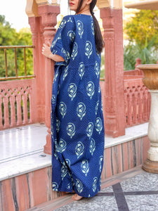 Divena Blue Floral Cotton Kaftan - divenaworld.com