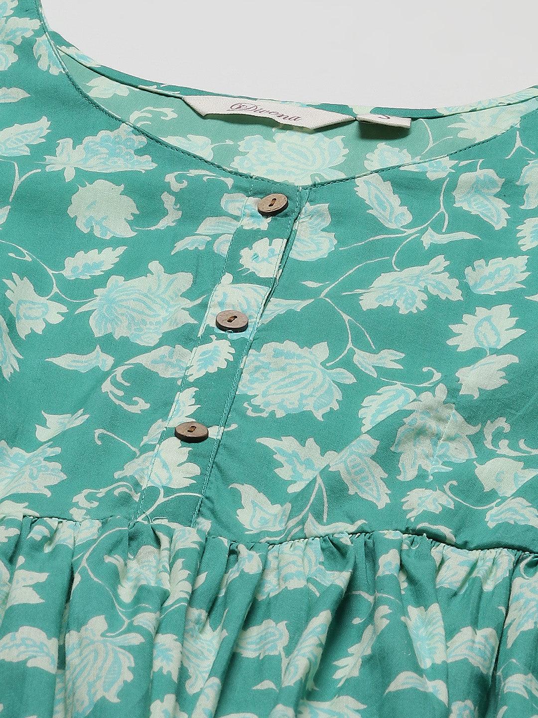 Divena Sea green Floral Printed Peplum Cotton top - divena world